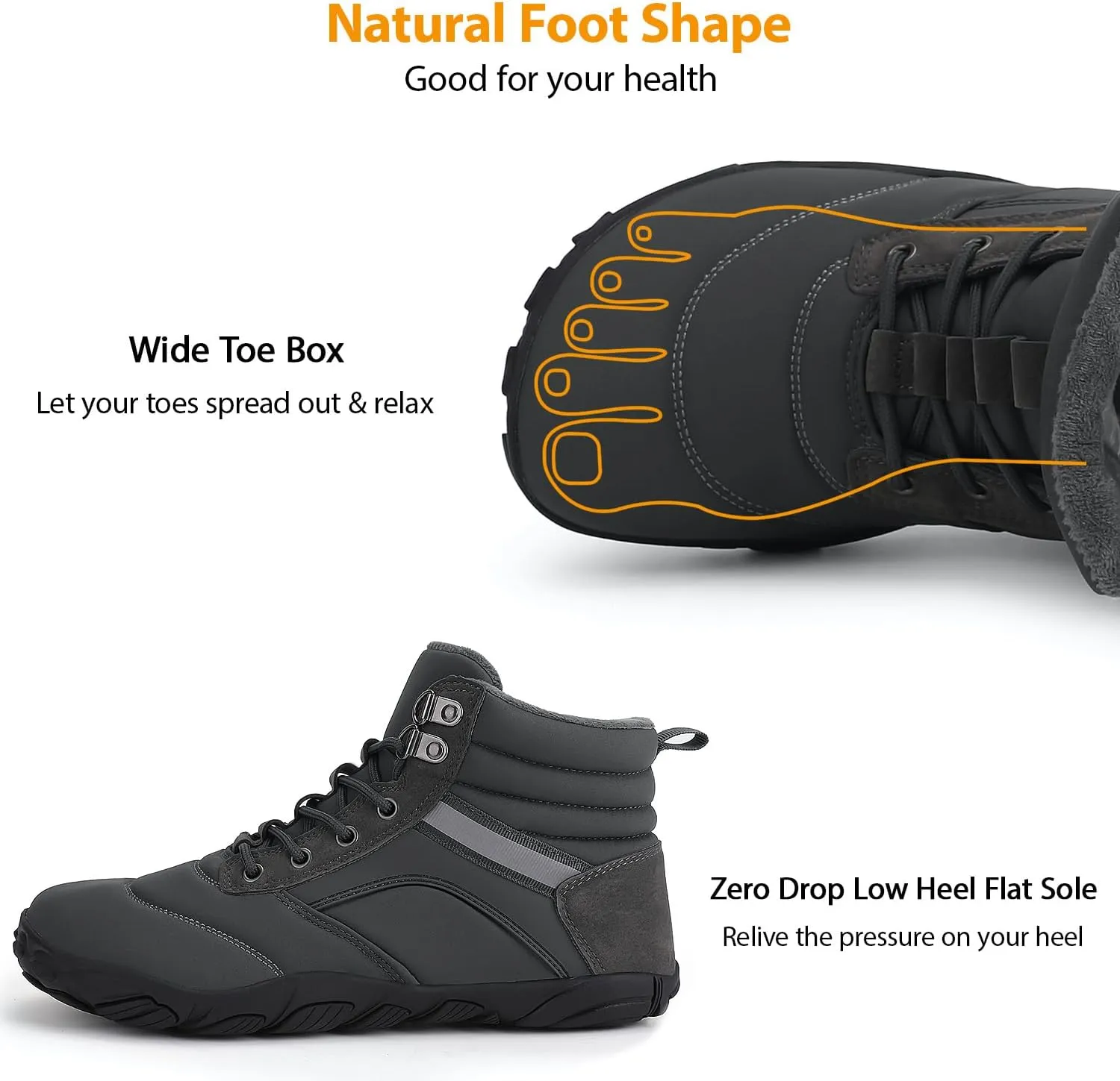 Womens Mens Winter Barefoot Boots Warm Minimalist Wide Toe Box Snow Boots Zero Drop Sole Outdoor Water Resistant Ankle Booties
