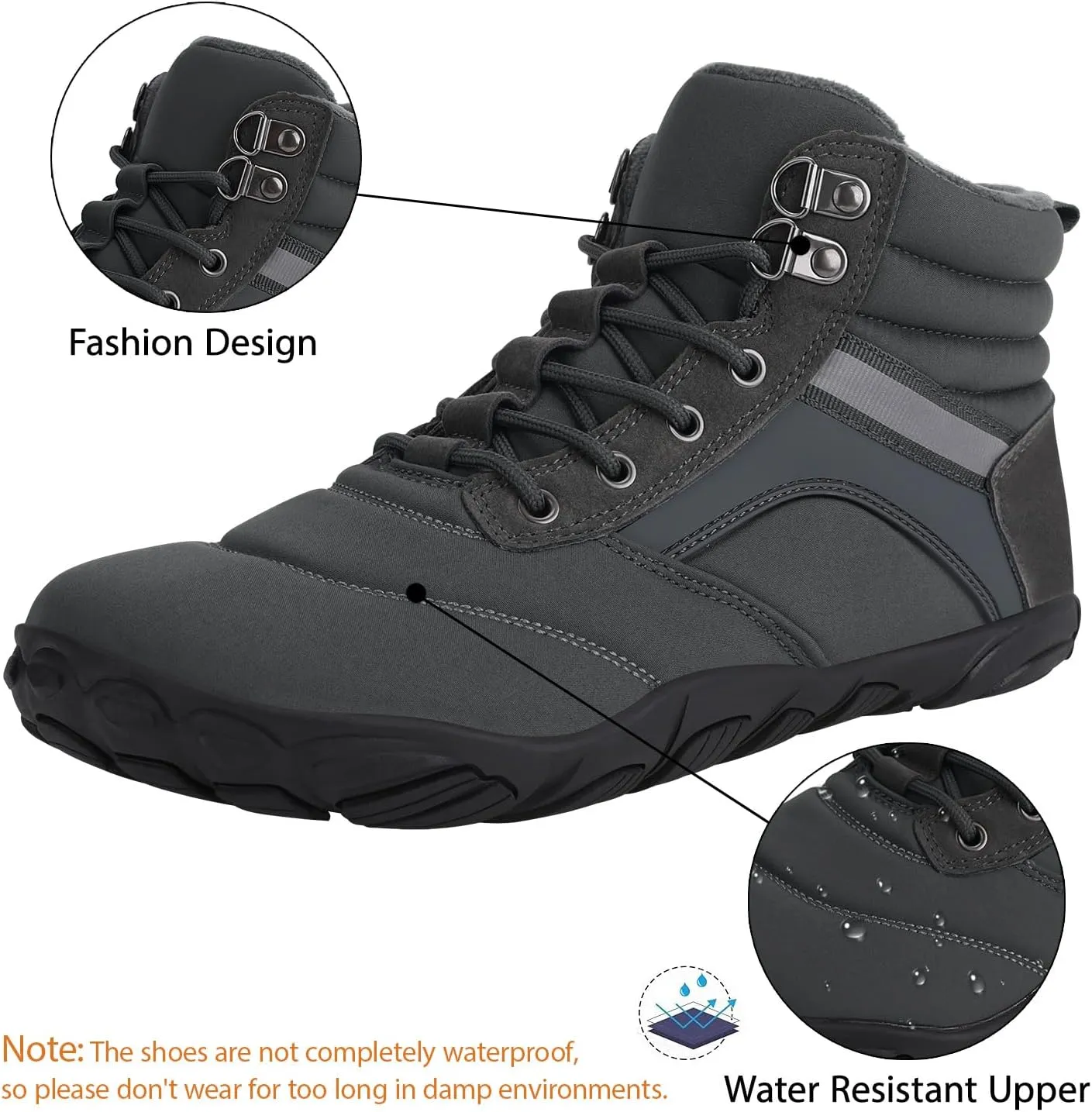 Womens Mens Winter Barefoot Boots Warm Minimalist Wide Toe Box Snow Boots Zero Drop Sole Outdoor Water Resistant Ankle Booties