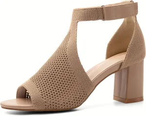Women's Mousse Fit Knit Ankle Strap Sandals, Open Toe Block Chunky Heel Pumps