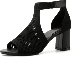 Women's Mousse Fit Knit Ankle Strap Sandals, Open Toe Block Chunky Heel Pumps