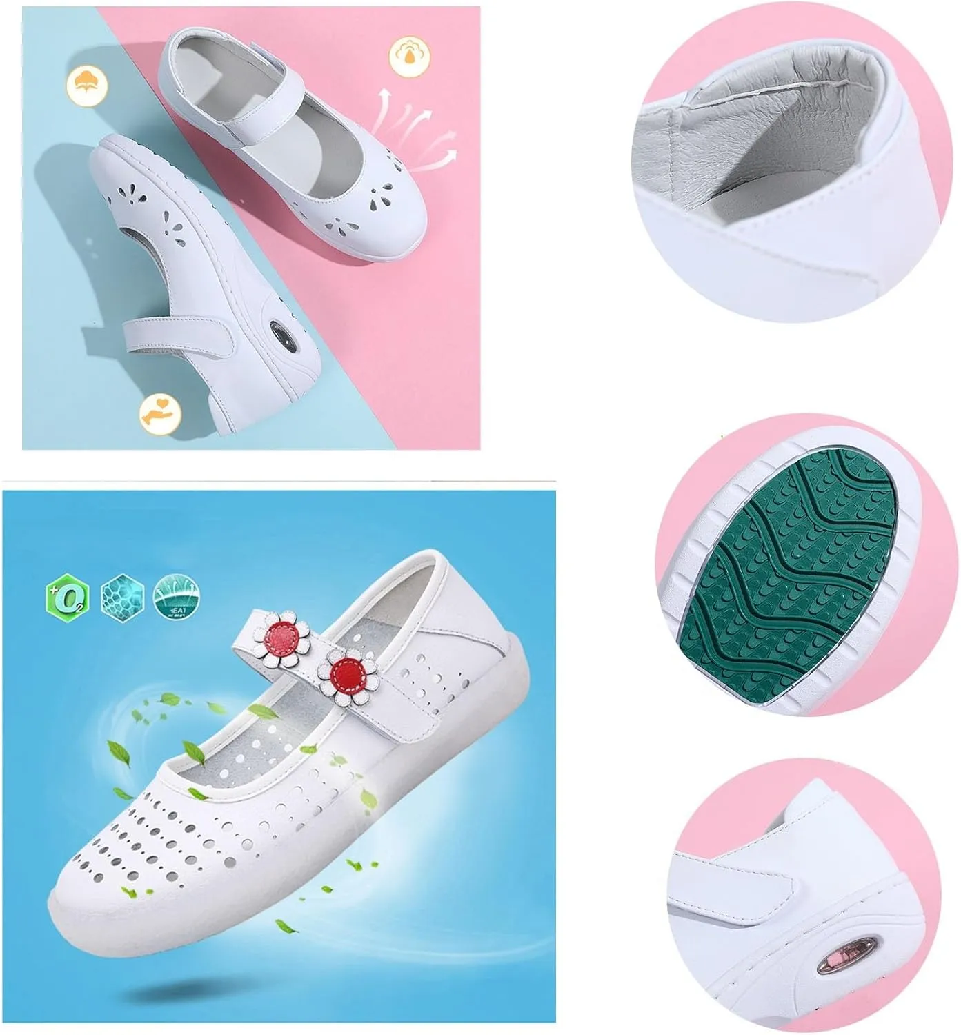 Womens Non-Slip Adjustable Breathable Hollow Nursing Orthotic Nursing Shoes, Casual Leather Thick Bottom Air Cushion Wedge Moccasins, for Hospital Nurse Doctors Work