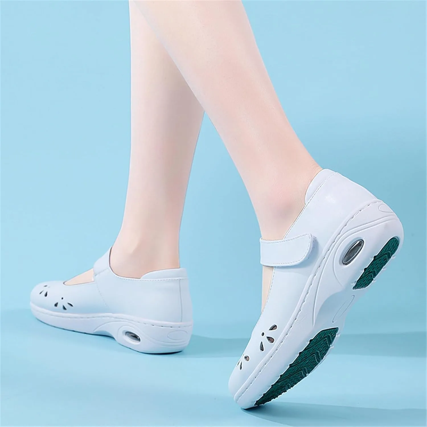 Womens Non-Slip Adjustable Breathable Hollow Nursing Orthotic Nursing Shoes, Casual Leather Thick Bottom Air Cushion Wedge Moccasins, for Hospital Nurse Doctors Work