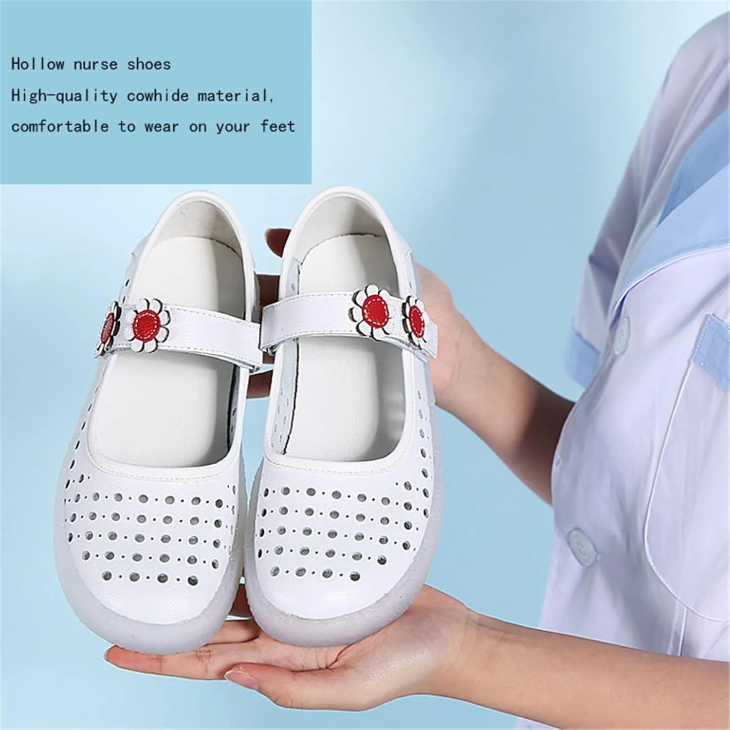 Womens Non-Slip Adjustable Breathable Hollow Nursing Orthotic Nursing Shoes, Casual Leather Thick Bottom Air Cushion Wedge Moccasins, for Hospital Nurse Doctors Work