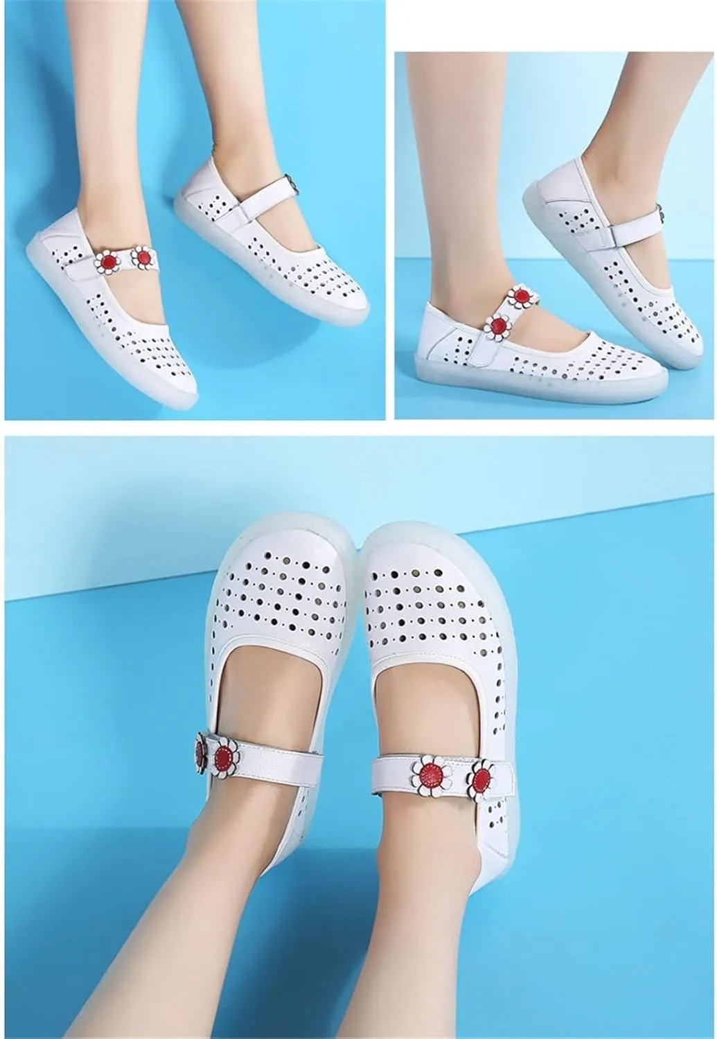 Womens Non-Slip Adjustable Breathable Hollow Nursing Orthotic Nursing Shoes, Casual Leather Thick Bottom Air Cushion Wedge Moccasins, for Hospital Nurse Doctors Work