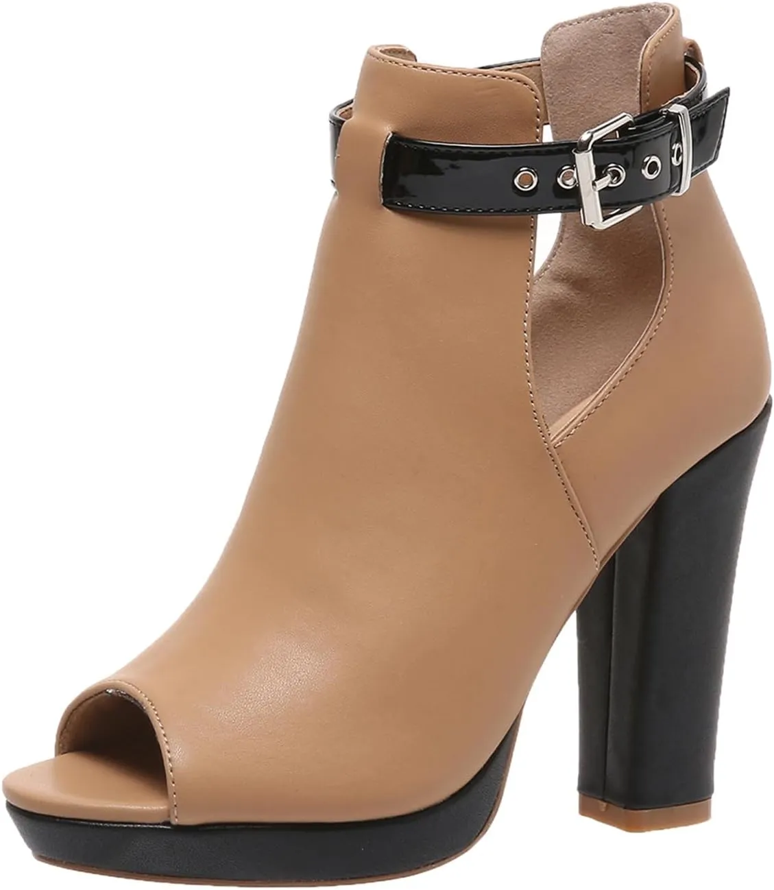Women's Open Peep Toe Booties Cutout Side Strap Buckle Chunky Block Heel Fashion Short Ankle Boots Dressy Sandals