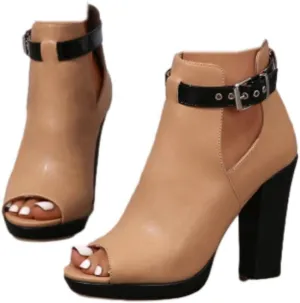 Women's Open Peep Toe Booties Cutout Side Strap Buckle Chunky Block Heel Fashion Short Ankle Boots Dressy Sandals
