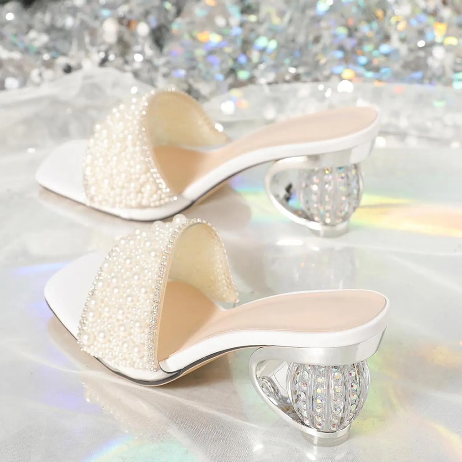 Women's Open Toe Low Block Chunky Heels Sandals Pearls Wedding Party Dress Pumps Casual Summer Mules Shoes