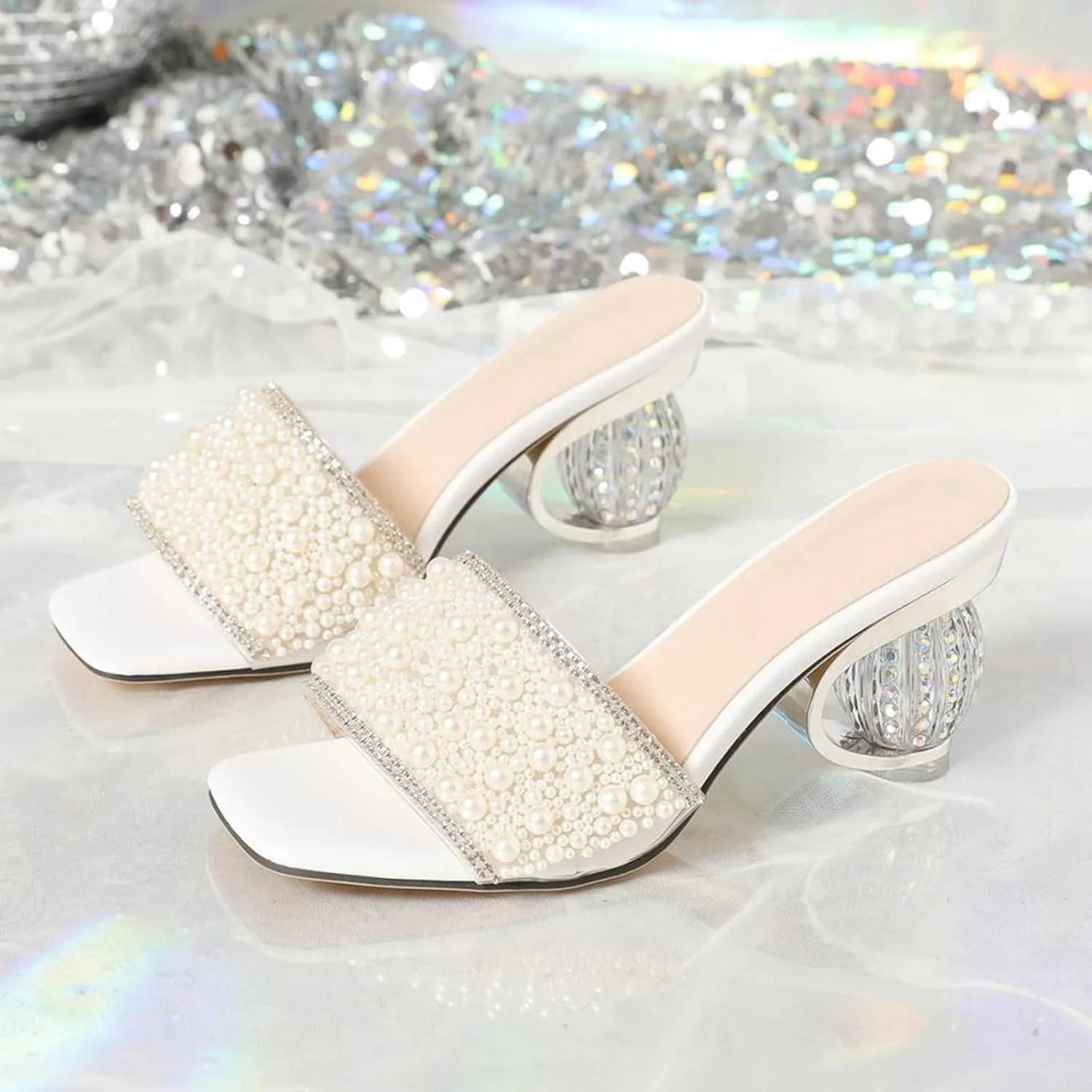Women's Open Toe Low Block Chunky Heels Sandals Pearls Wedding Party Dress Pumps Casual Summer Mules Shoes