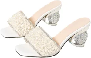 Women's Open Toe Low Block Chunky Heels Sandals Pearls Wedding Party Dress Pumps Casual Summer Mules Shoes