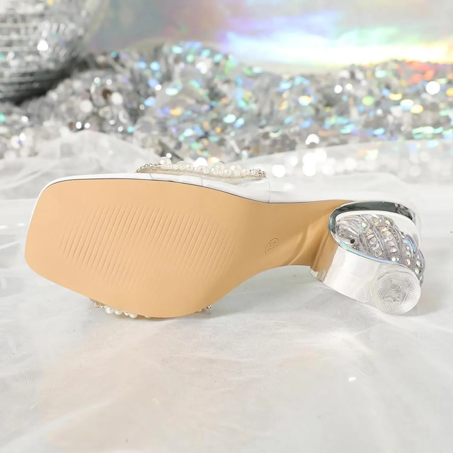 Women's Open Toe Low Block Chunky Heels Sandals Pearls Wedding Party Dress Pumps Casual Summer Mules Shoes