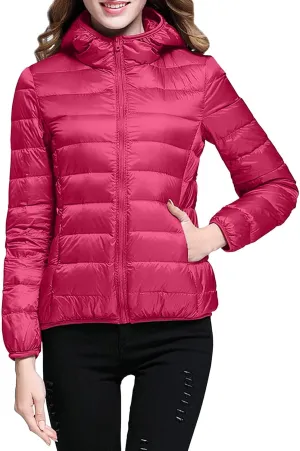 Women's Packable Jacket Coat with Pockets Short Hooded Down Jacket Solid Lightweight Full Zip Outwear Winter