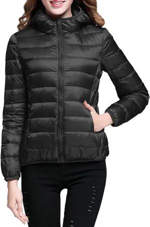 Women's Packable Jacket Coat with Pockets Short Hooded Down Jacket Solid Lightweight Full Zip Outwear Winter