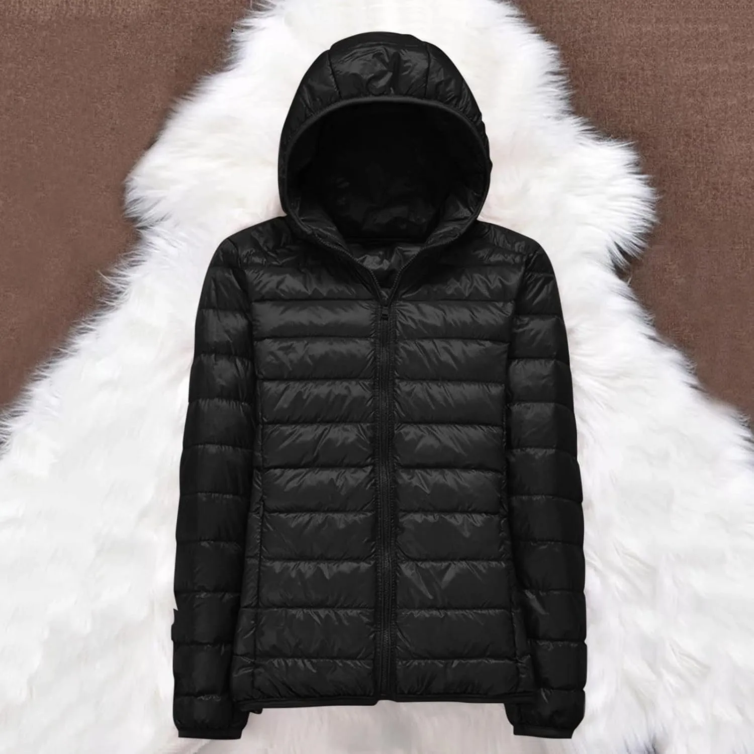 Women's Packable Jacket Coat with Pockets Short Hooded Down Jacket Solid Lightweight Full Zip Outwear Winter