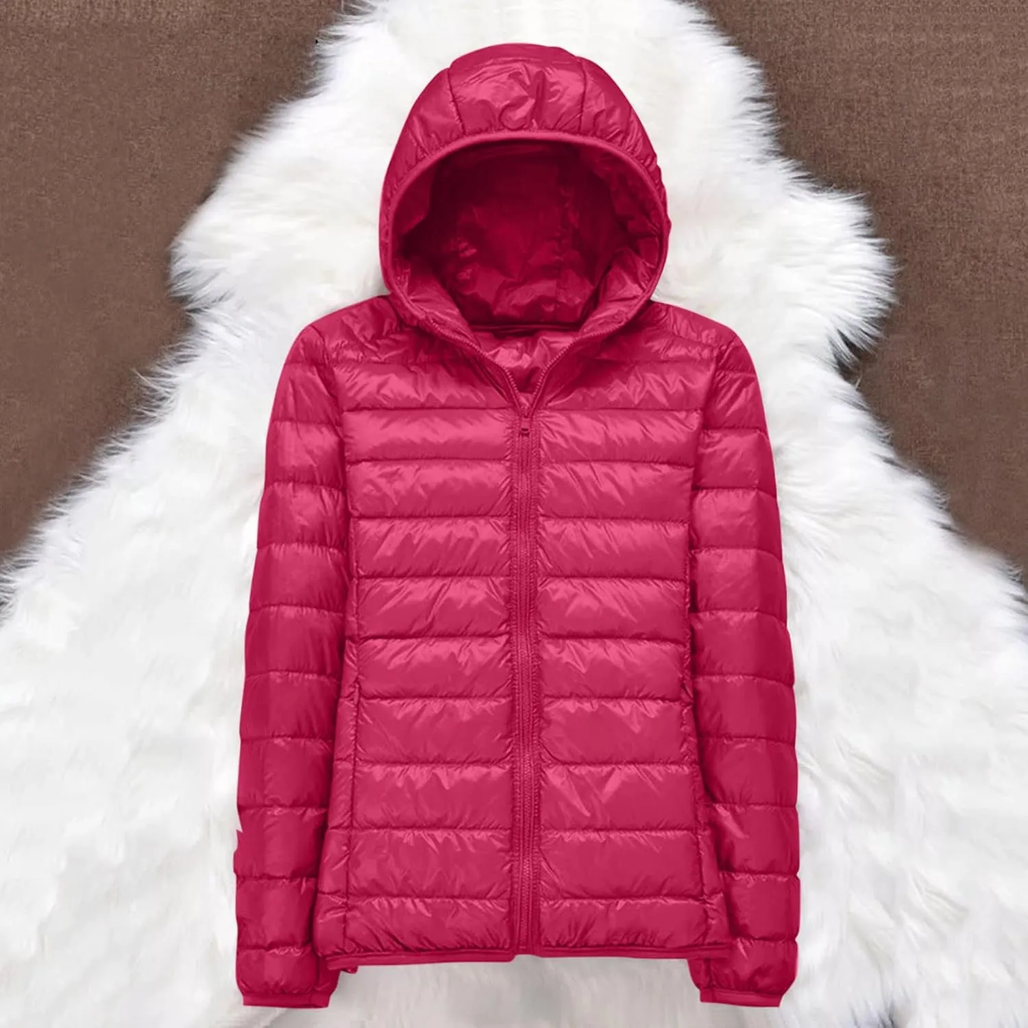 Women's Packable Jacket Coat with Pockets Short Hooded Down Jacket Solid Lightweight Full Zip Outwear Winter