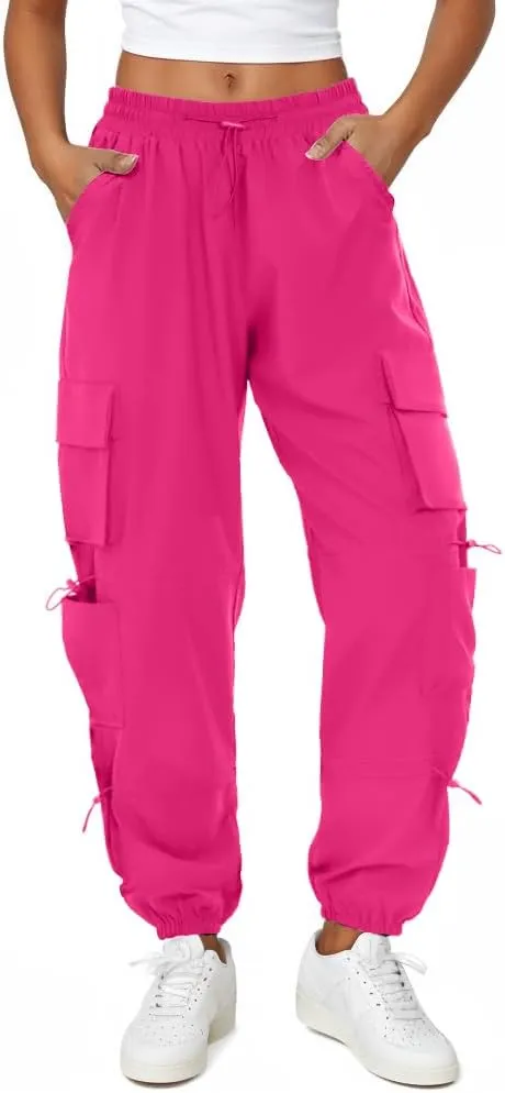 Womens Parachute Cargo Pants with Pockets Quick Dry Hiking Pants Lightweight Water-Resistant Baggy Joggers