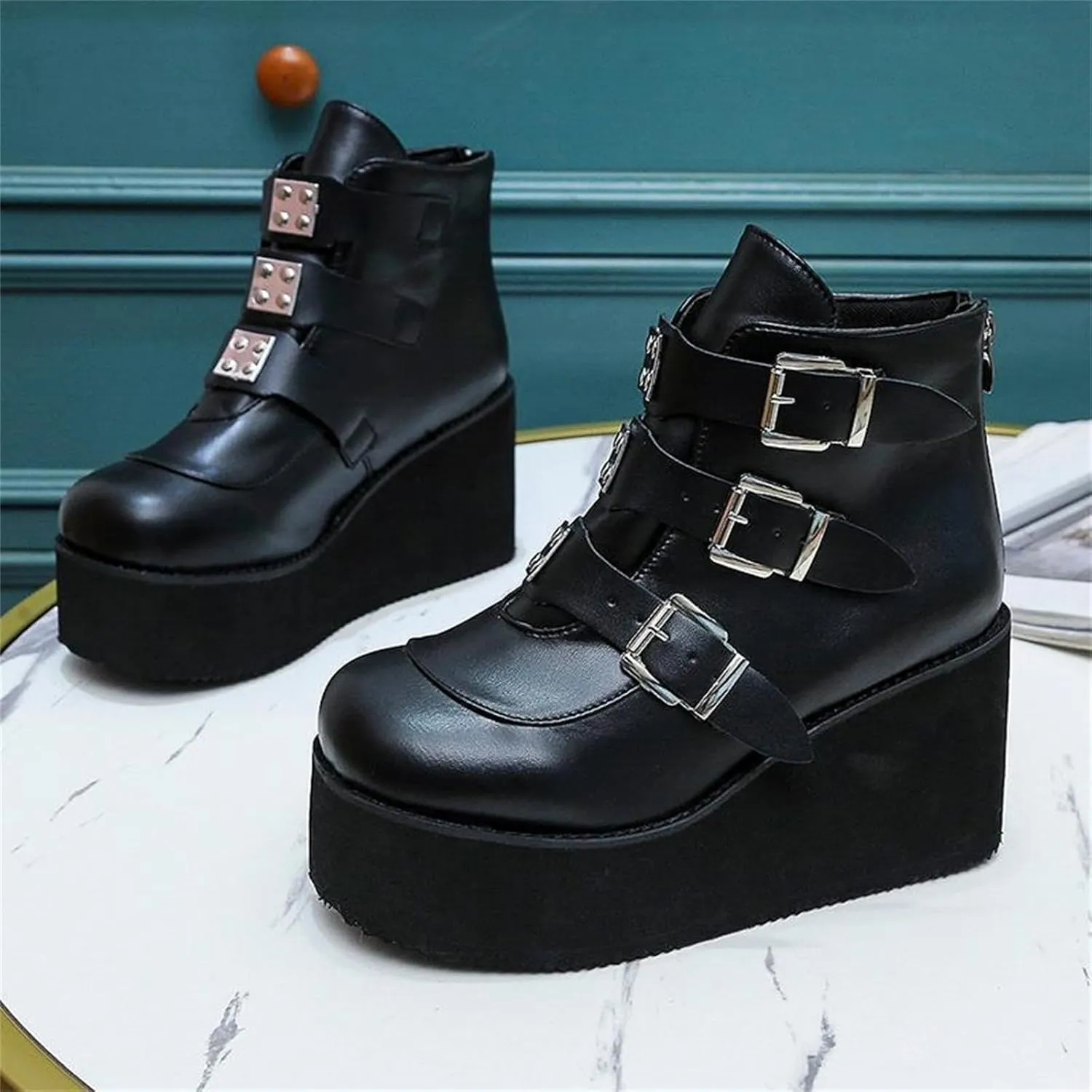 Women's Platform Ankle Boots Back Zip Buckle Punk Motorcycle Boots Round Toe Chunky Block Heel Combat Wedge Booties