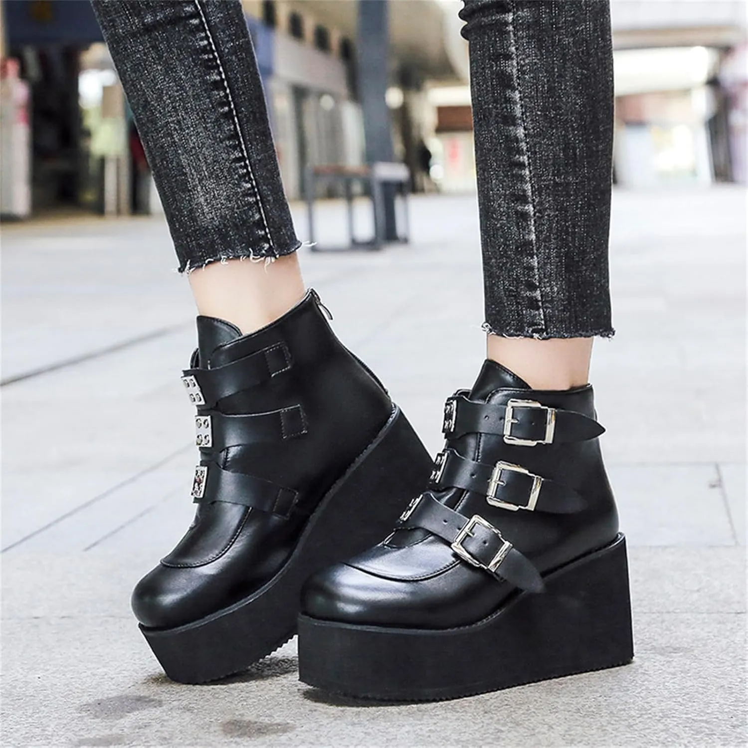 Women's Platform Ankle Boots Back Zip Buckle Punk Motorcycle Boots Round Toe Chunky Block Heel Combat Wedge Booties