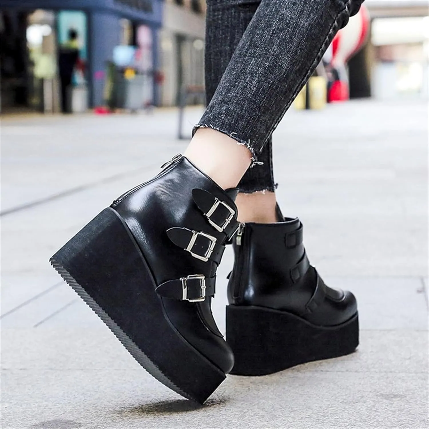 Women's Platform Ankle Boots Back Zip Buckle Punk Motorcycle Boots Round Toe Chunky Block Heel Combat Wedge Booties