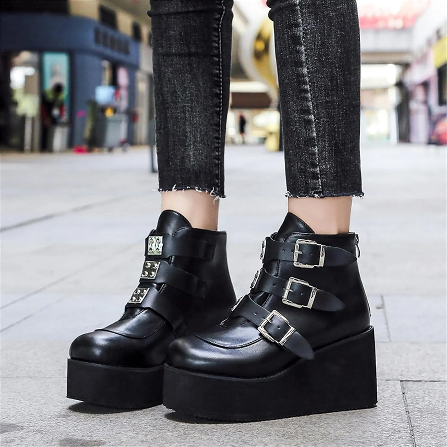 Women's Platform Ankle Boots Back Zip Buckle Punk Motorcycle Boots Round Toe Chunky Block Heel Combat Wedge Booties