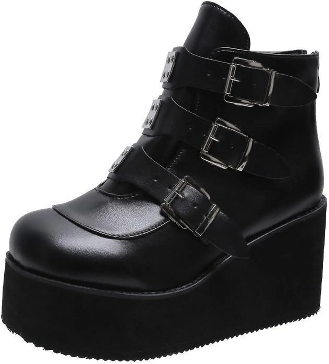 Women's Platform Ankle Boots Back Zip Buckle Punk Motorcycle Boots Round Toe Chunky Block Heel Combat Wedge Booties