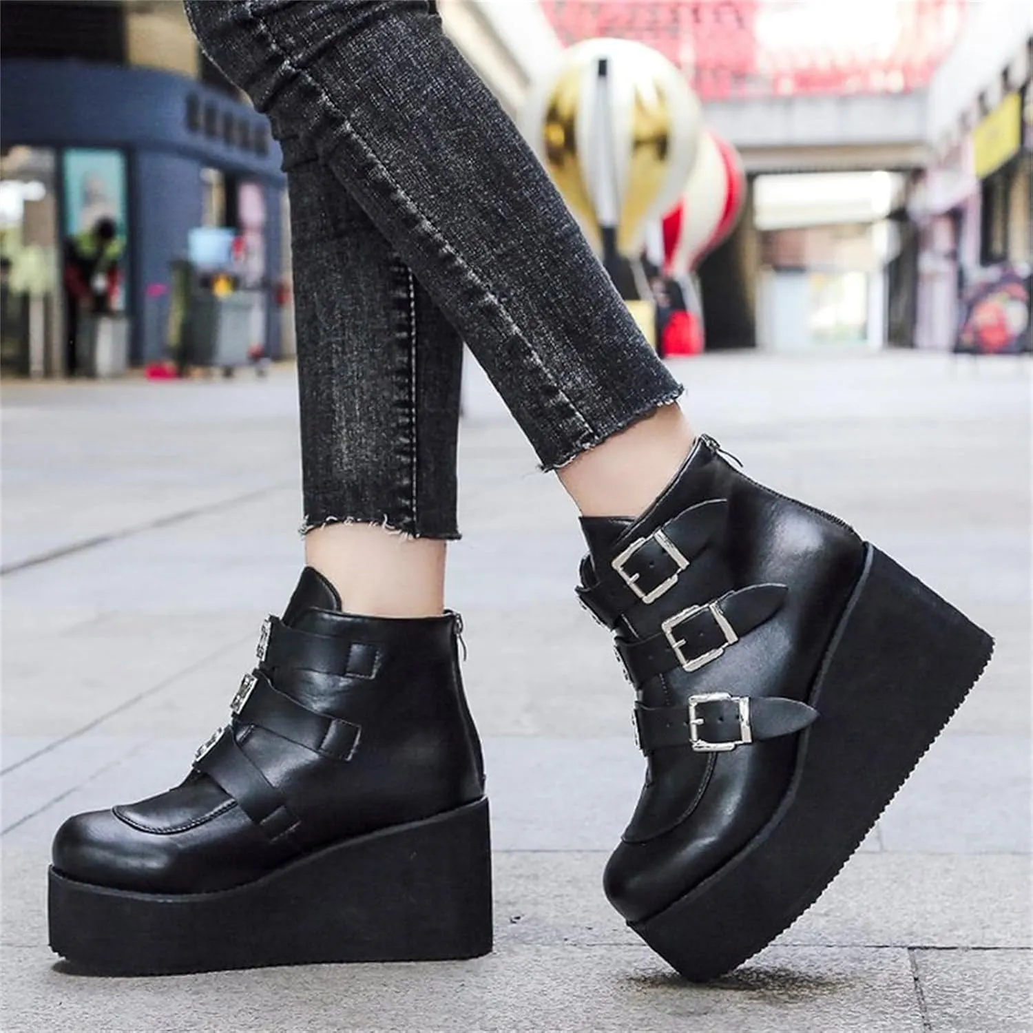 Women's Platform Ankle Boots Back Zip Buckle Punk Motorcycle Boots Round Toe Chunky Block Heel Combat Wedge Booties