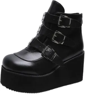 Women's Platform Ankle Boots Back Zip Buckle Punk Motorcycle Boots Round Toe Chunky Block Heel Combat Wedge Booties