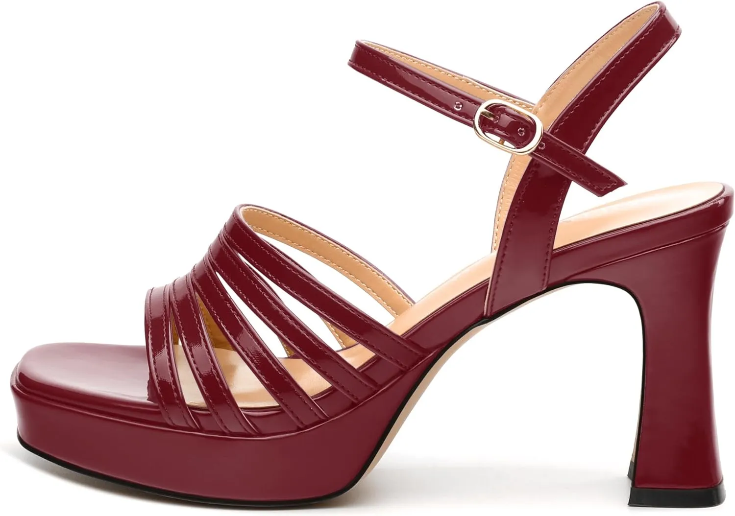 Women's Platform Sandals, Ankle Strap Square Open Toe Buckle Heels for Women, Fashion Solid Patent High Heel Sandals Shoes 3.35 inch