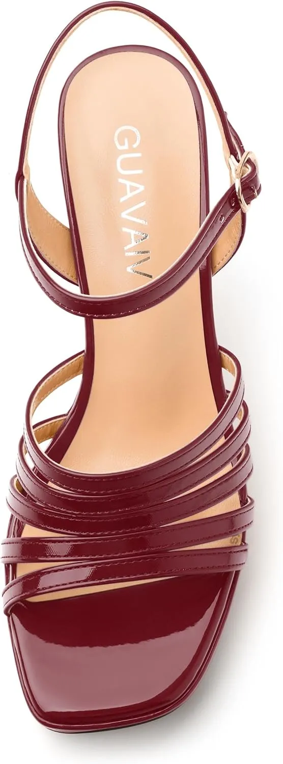 Women's Platform Sandals, Ankle Strap Square Open Toe Buckle Heels for Women, Fashion Solid Patent High Heel Sandals Shoes 3.35 inch