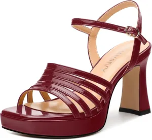 Women's Platform Sandals, Ankle Strap Square Open Toe Buckle Heels for Women, Fashion Solid Patent High Heel Sandals Shoes 3.35 inch