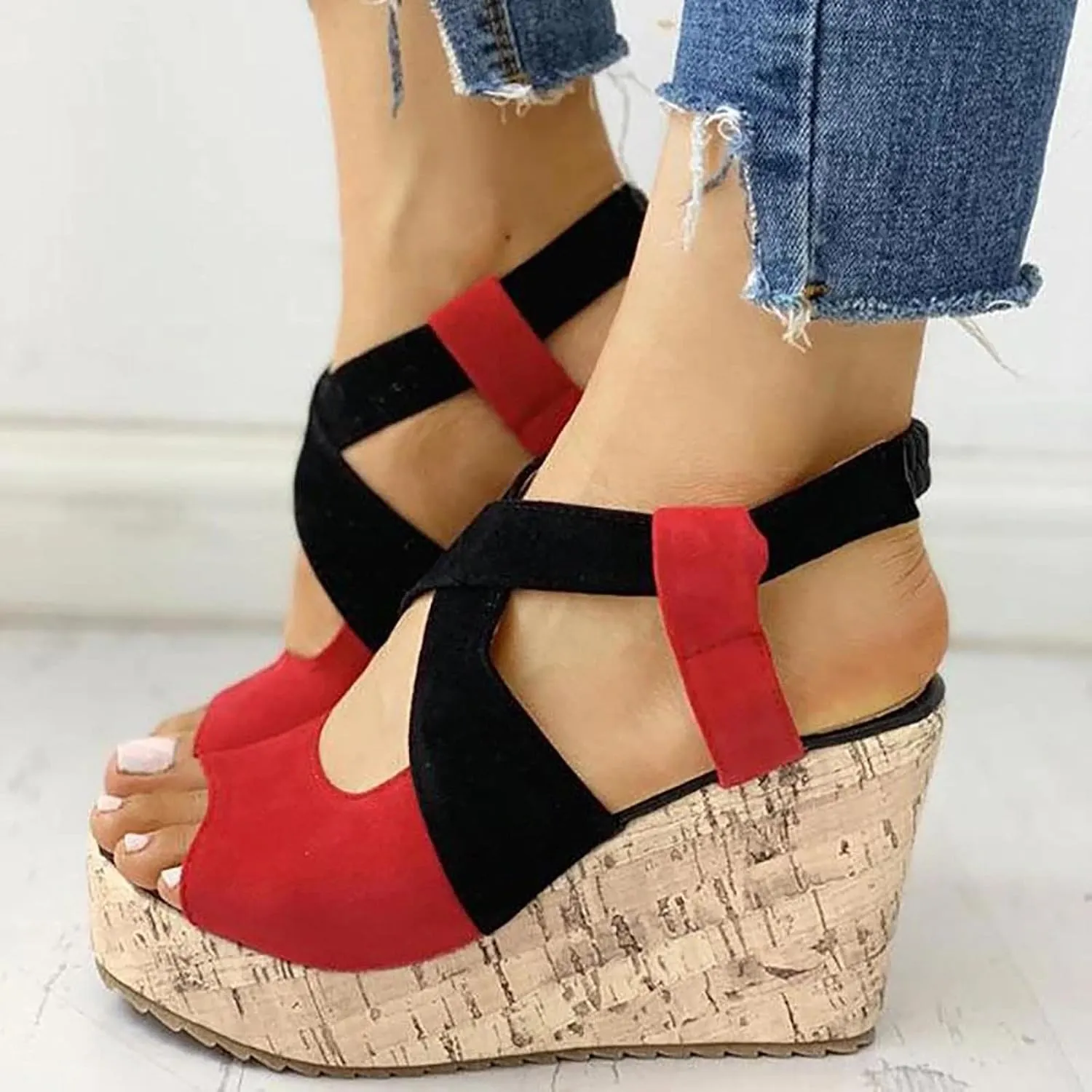 Women's Platform Sandals Wedge Open Toe Ankle Strap Lace Wedding Bridesmaid Shoes Close Toe Comfortable Bohemia Low Heel