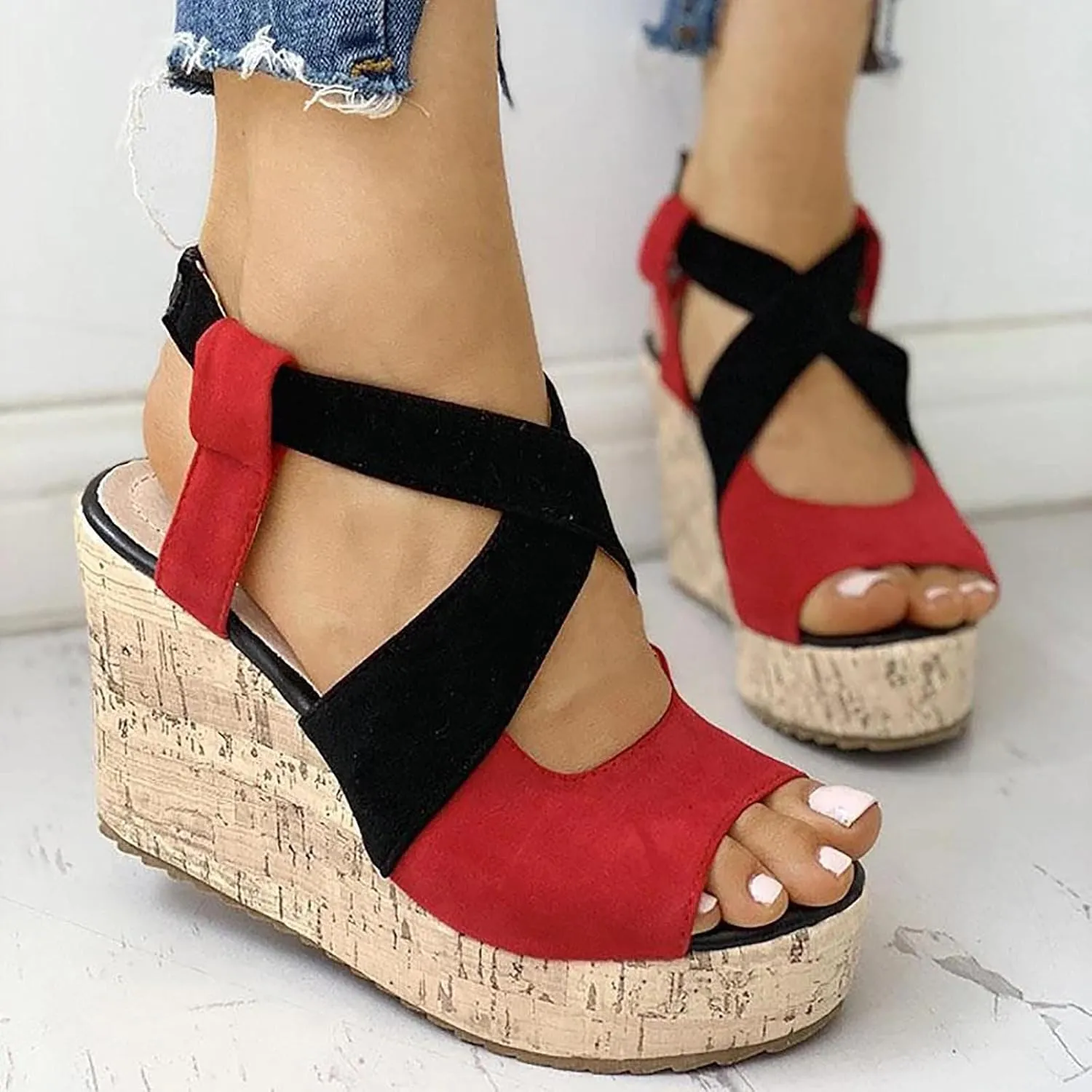 Women's Platform Sandals Wedge Open Toe Ankle Strap Lace Wedding Bridesmaid Shoes Close Toe Comfortable Bohemia Low Heel