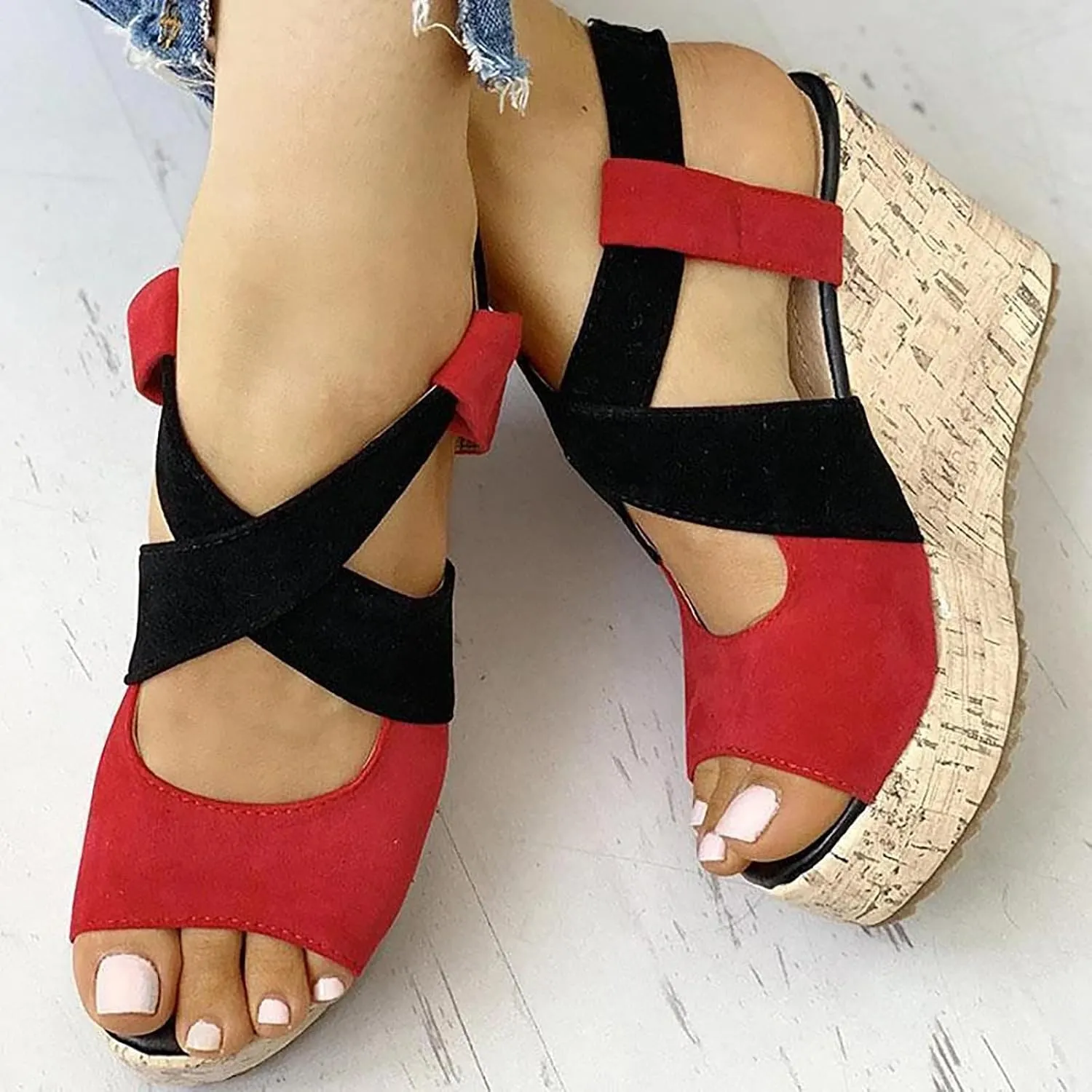 Women's Platform Sandals Wedge Open Toe Ankle Strap Lace Wedding Bridesmaid Shoes Close Toe Comfortable Bohemia Low Heel
