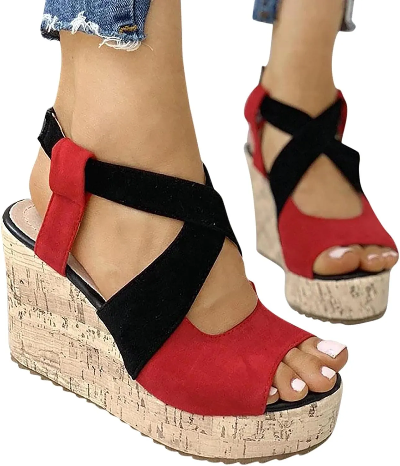 Women's Platform Sandals Wedge Open Toe Ankle Strap Lace Wedding Bridesmaid Shoes Close Toe Comfortable Bohemia Low Heel