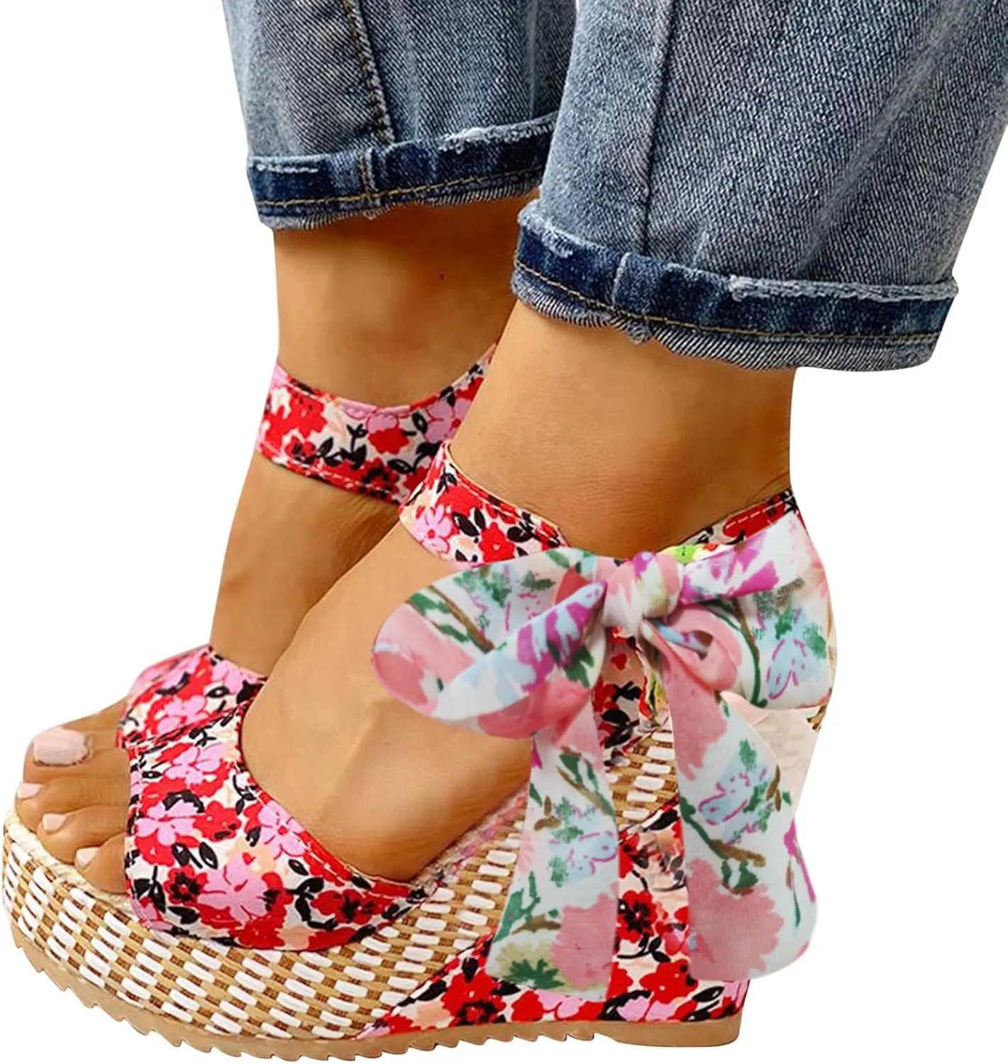Women's Platform Sandals Wedge Open Toe Ankle Strap Lace Wedding Bridesmaid Shoes Low Heel Comfortable Casual Rhinestone