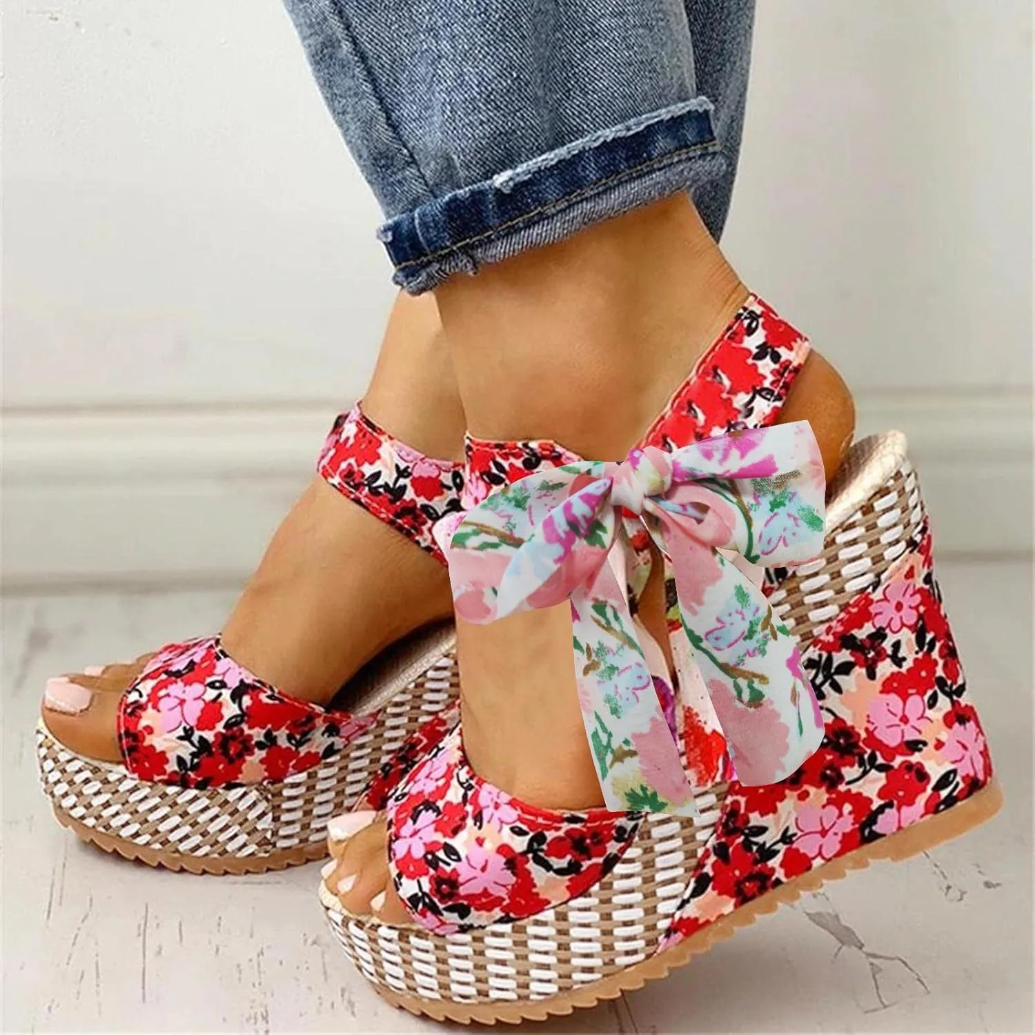 Women's Platform Sandals Wedge Open Toe Ankle Strap Lace Wedding Bridesmaid Shoes Low Heel Comfortable Casual Rhinestone