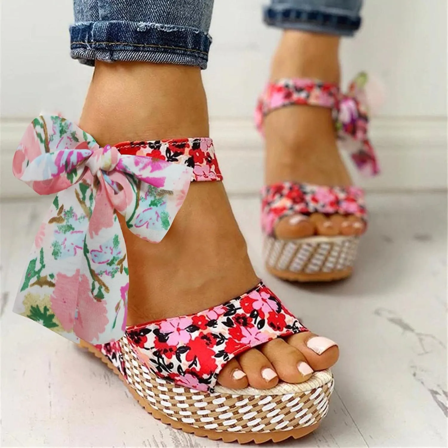 Women's Platform Sandals Wedge Open Toe Ankle Strap Lace Wedding Bridesmaid Shoes Low Heel Comfortable Casual Rhinestone