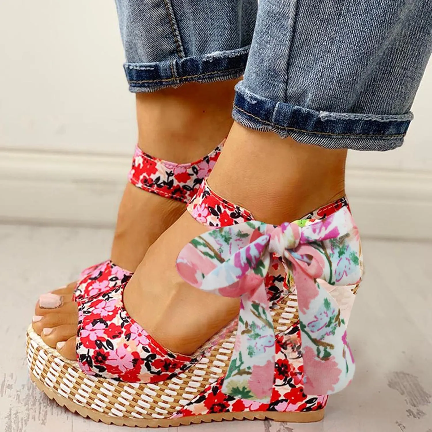 Women's Platform Sandals Wedge Open Toe Ankle Strap Lace Wedding Bridesmaid Shoes Low Heel Comfortable Casual Rhinestone