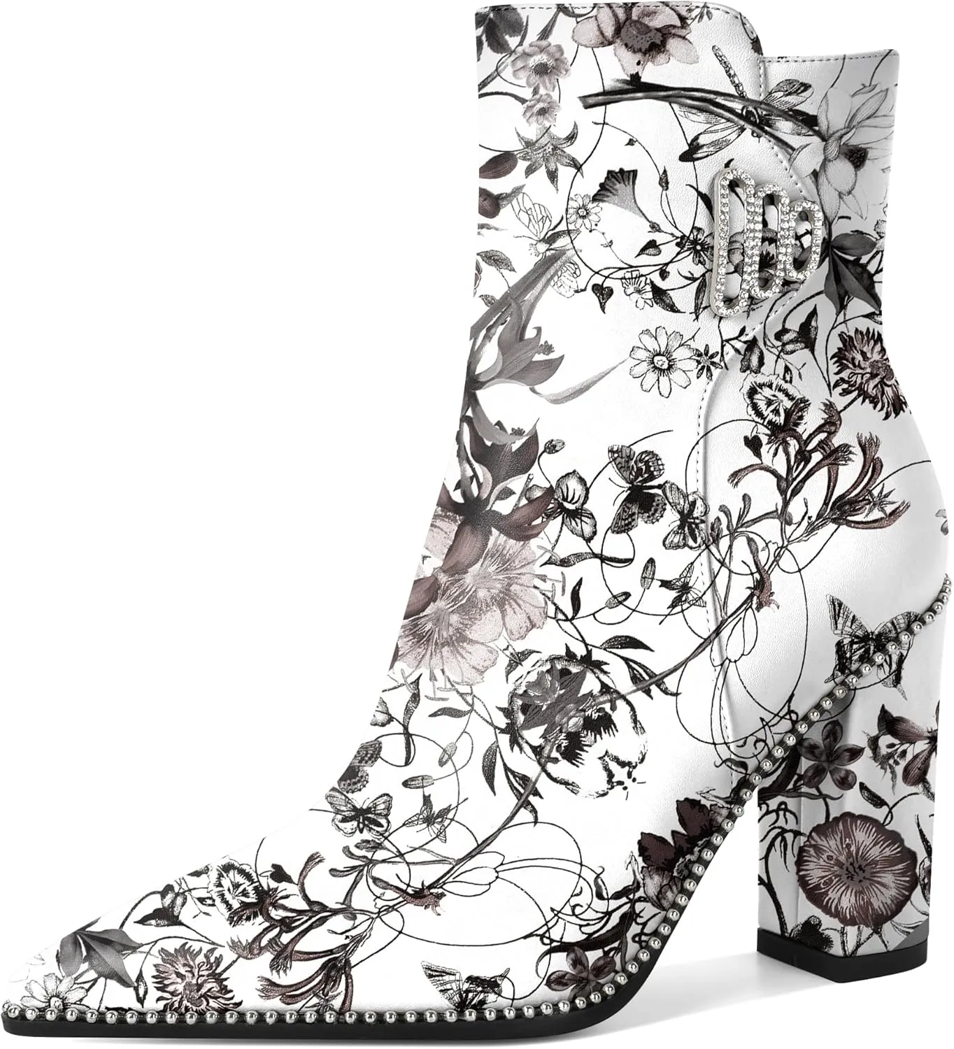 Womens Pointed Toe Beaded Chunky Ankle Boots Side Zipper 3.7 Inches High Heel Short Boots
