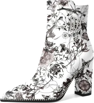 Womens Pointed Toe Beaded Chunky Ankle Boots Side Zipper 3.7 Inches High Heel Short Boots