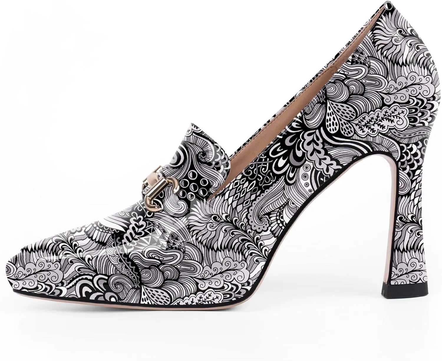 Women's Pointed Toe High Heel Pumps Comfortable Slip On Patent Leather Platform Loafers Metal Decoration Office Dressy Casual Shoes