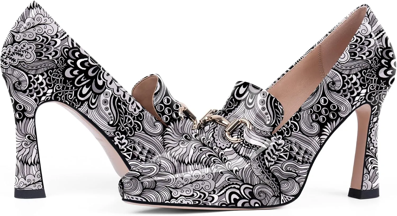 Women's Pointed Toe High Heel Pumps Comfortable Slip On Patent Leather Platform Loafers Metal Decoration Office Dressy Casual Shoes