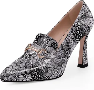 Women's Pointed Toe High Heel Pumps Comfortable Slip On Patent Leather Platform Loafers Metal Decoration Office Dressy Casual Shoes