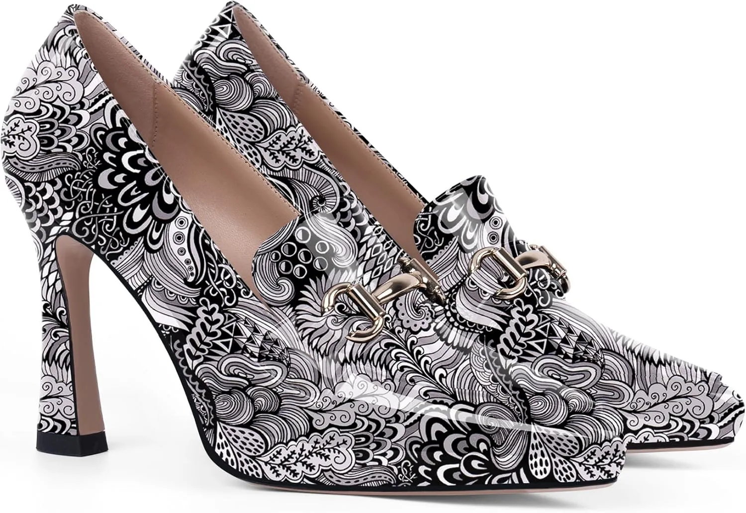 Women's Pointed Toe High Heel Pumps Comfortable Slip On Patent Leather Platform Loafers Metal Decoration Office Dressy Casual Shoes