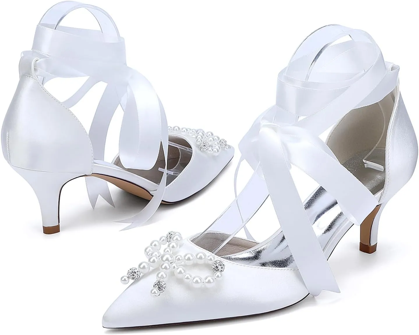 Women's Pointed Toe Satin Strap Sandals Strap Wedding Shoes Low Heel Bowknot Pearl Bridal Shoes for Prom Party Evening Dress Pumps