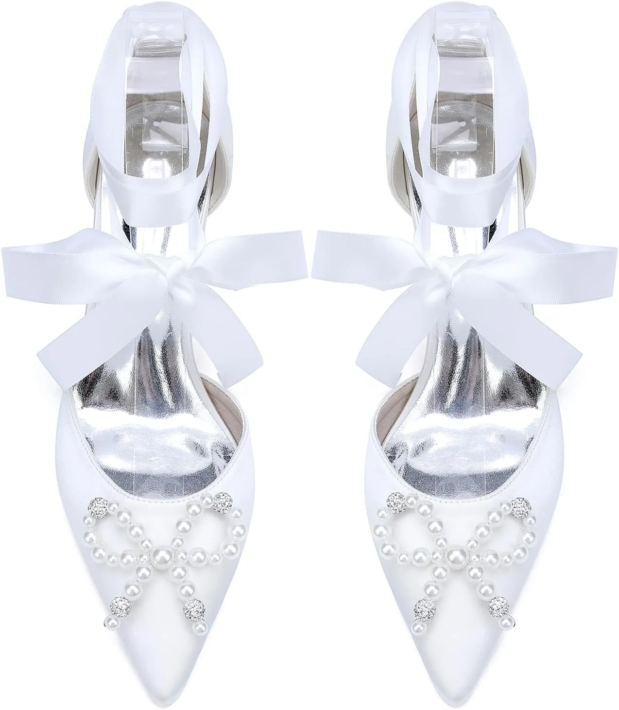 Women's Pointed Toe Satin Strap Sandals Strap Wedding Shoes Low Heel Bowknot Pearl Bridal Shoes for Prom Party Evening Dress Pumps
