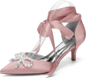 Women's Pointed Toe Satin Strap Sandals Strap Wedding Shoes Low Heel Bowknot Pearl Bridal Shoes for Prom Party Evening Dress Pumps
