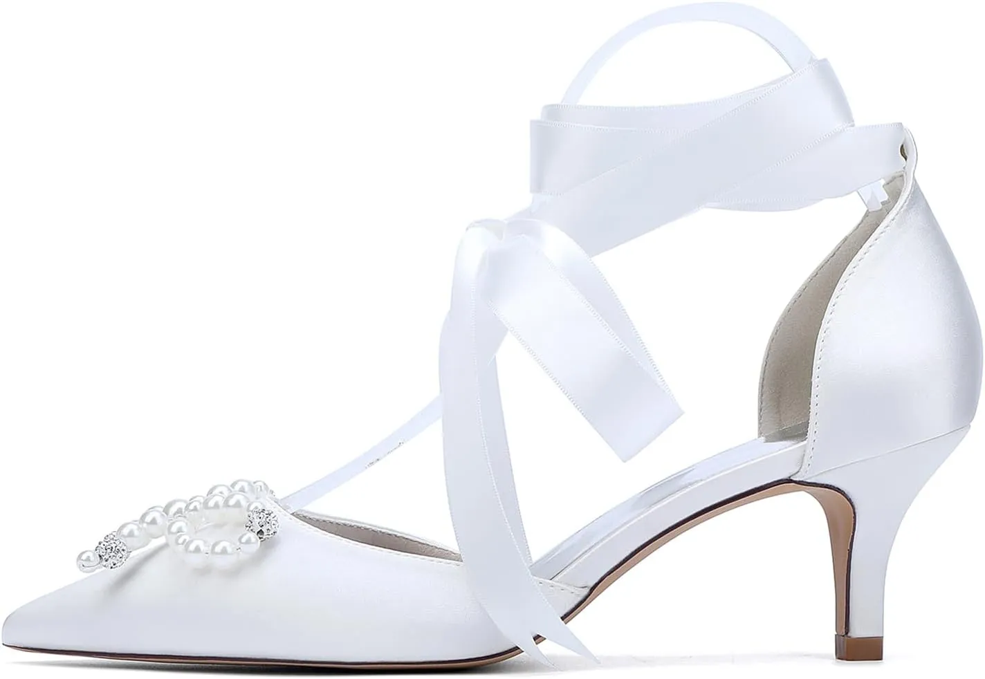 Women's Pointed Toe Satin Strap Sandals Strap Wedding Shoes Low Heel Bowknot Pearl Bridal Shoes for Prom Party Evening Dress Pumps