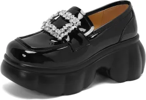 Women's Retro Rhinestone Loafers Closed Square Toe Pull-On High Chunky Heeled Platform Chic Comfortable Work Vintage Mary Jane Shoes Business Casual Patent Leather Shoes