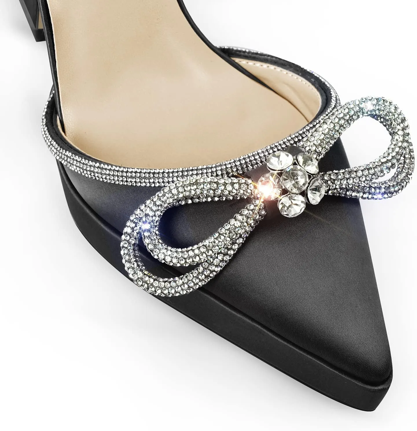 Women's Rhinestone Chunky Heel Platform Sandals Glitter Bowknots Pointed Toe Ankle Strap Stiletto Satin Pumps