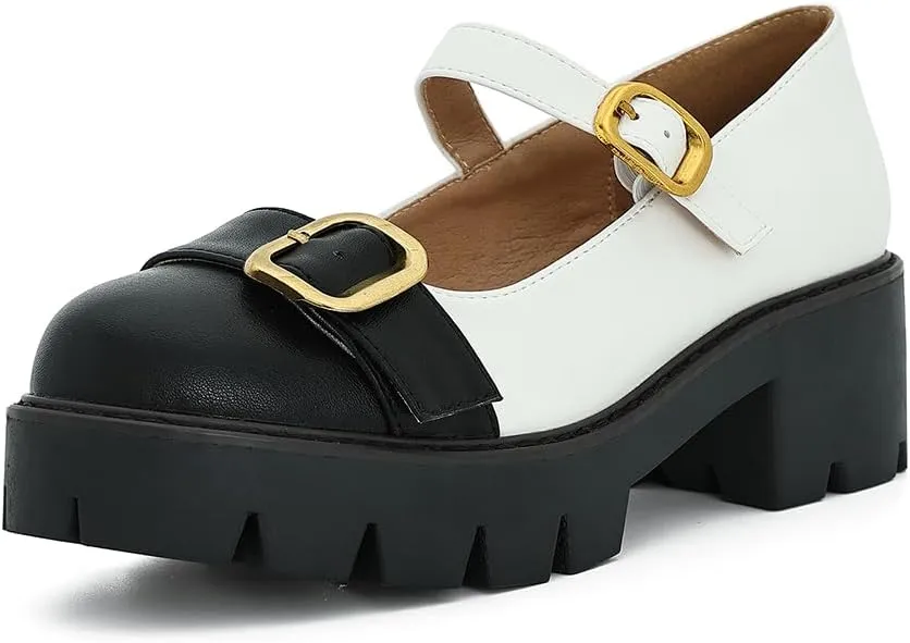 Women's Round Toe Ankle Strap Mary Janes Platform Low Heel Chunky Pumps Oxford Dress Shoes